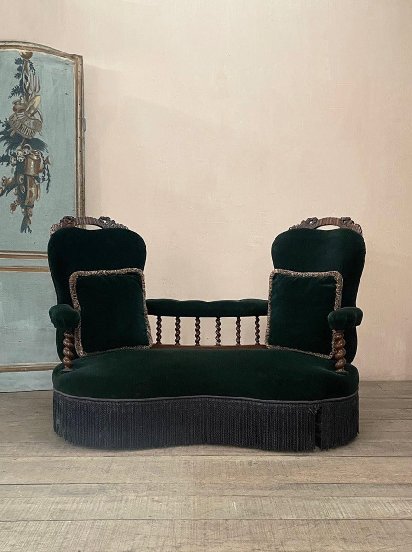 Green velvet love seat  'as is' (Reserved)