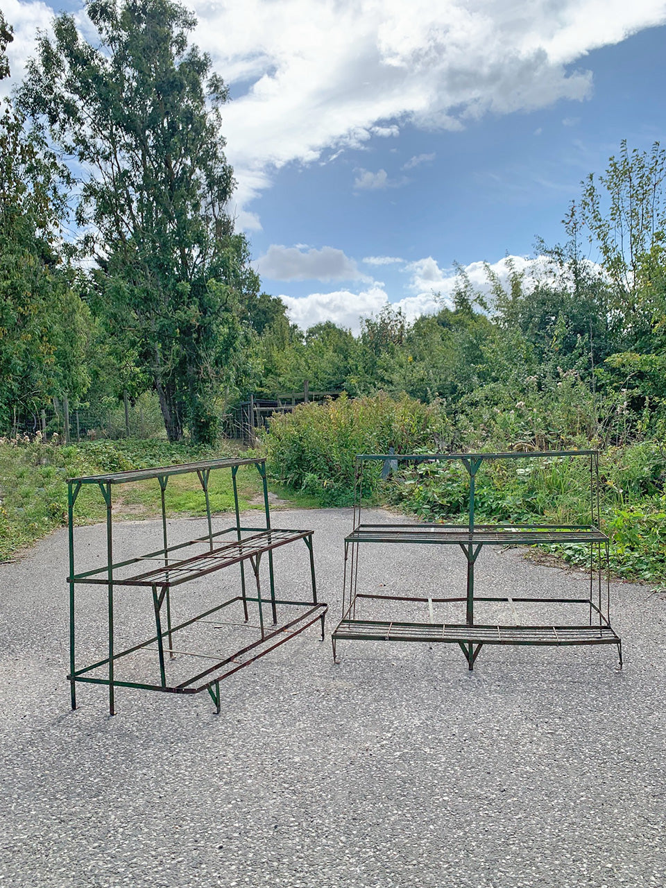 Two green painted etageres (1 available - left)