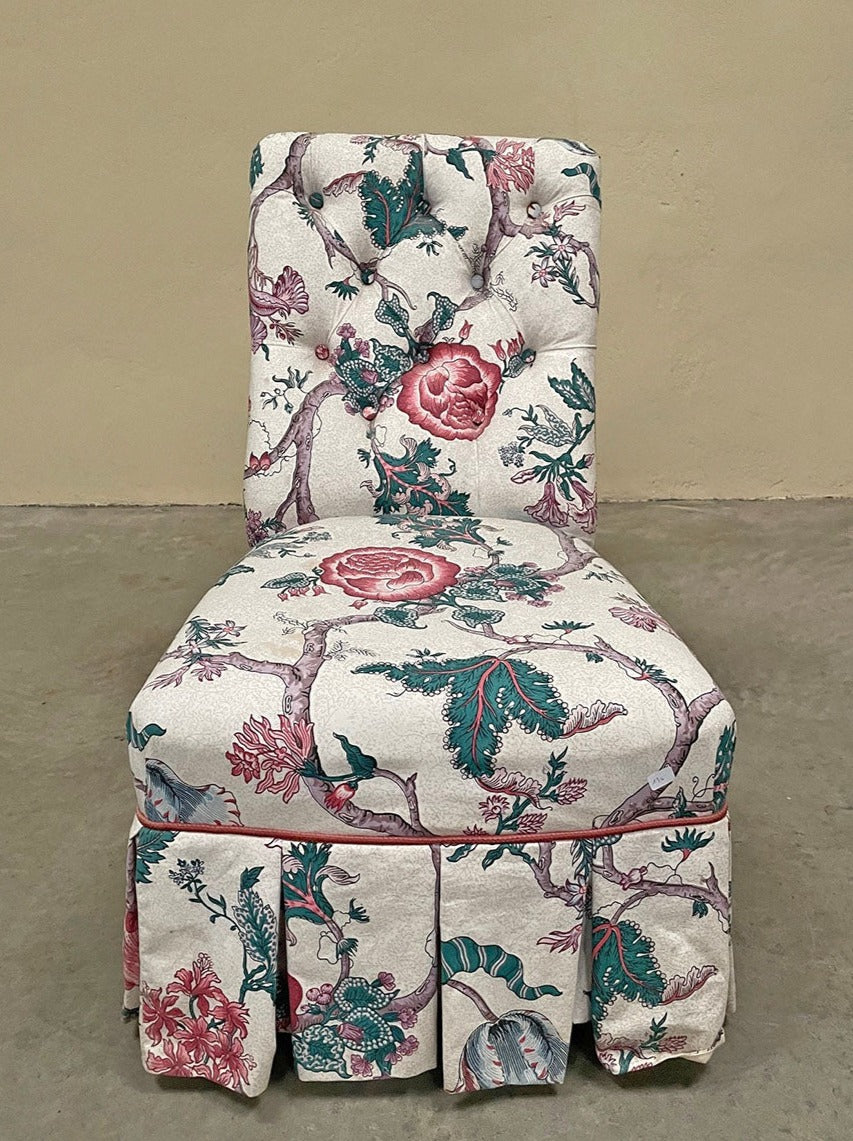 Floral armchair (-Reserved) and slipper chair (priced individually 'as is' at £525 and £375)