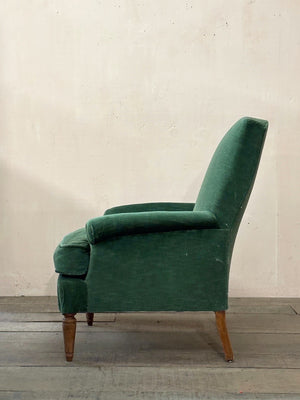 Pair of green velvet armchairs 'as is' (or + £1,000 + VAT for the re-upholstery option, ex. fabric)