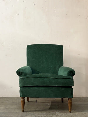 Pair of green velvet armchairs 'as is' (or + £1,000 + VAT for the re-upholstery option, ex. fabric)