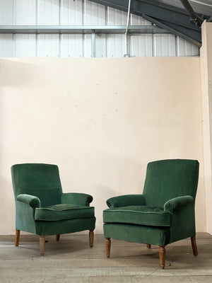 Pair of green velvet armchairs 'as is' (or + £1,000 + VAT for the re-upholstery option, ex. fabric)