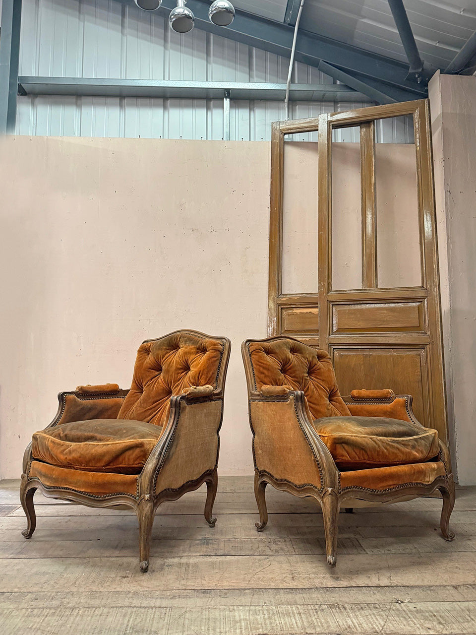 Pair of button back Louis XV style armchairs