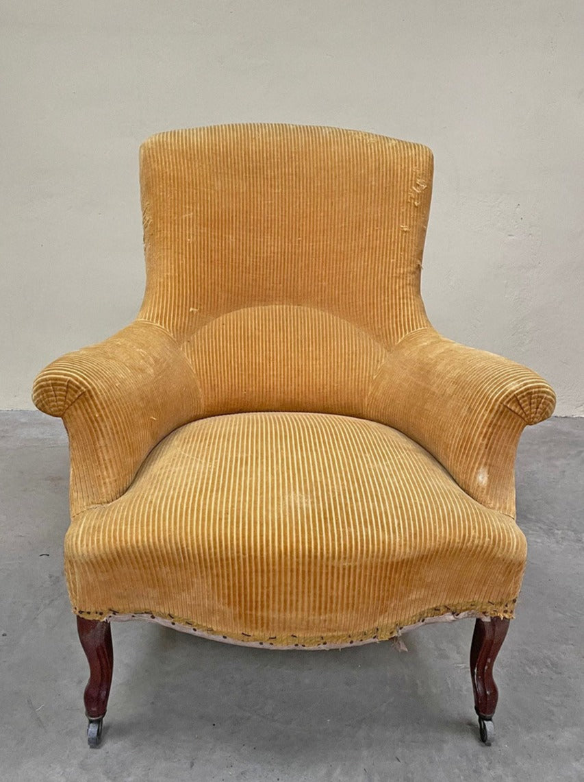 Pair of mustard cord armchairs 'as is'