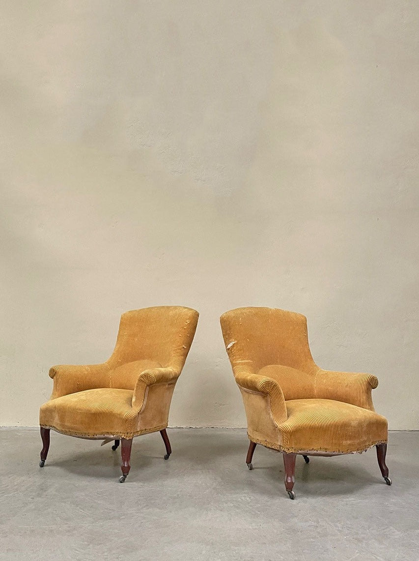 Pair of mustard cord armchairs 'as is'