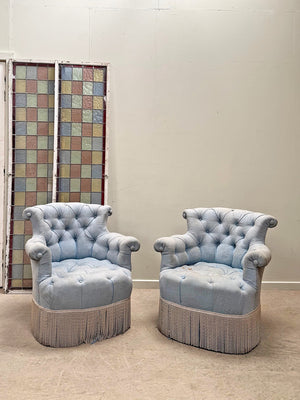 Pair of blue deep buttoned chapeau armchairs