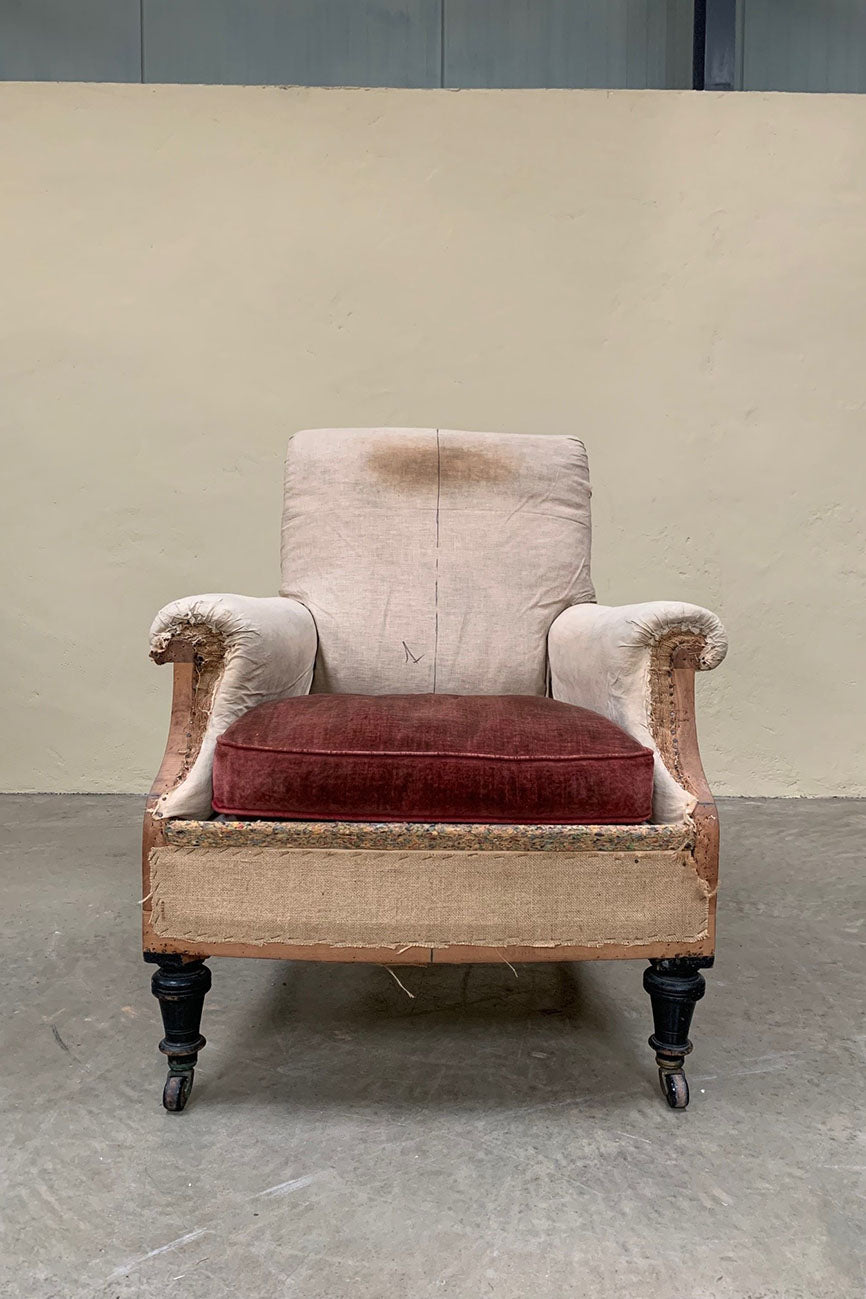 Pair of scroll back armchairs 'as is' (or £2,850 inc. reupholstery, ex. fabric)