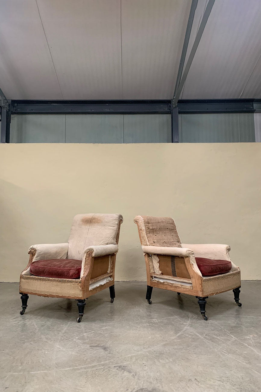 Pair of scroll back armchairs 'as is' (or £2,850 inc. reupholstery, ex. fabric)
