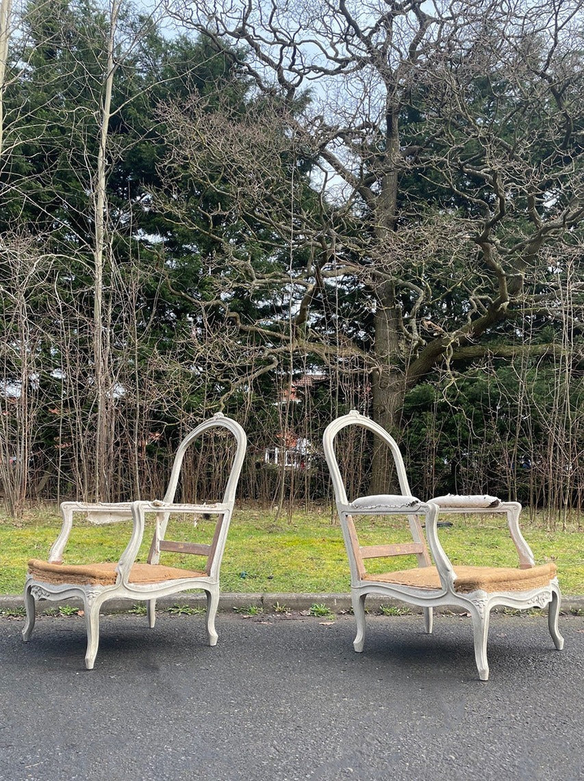 Pair of large Louis XV style armchairs 'as is' (or + £1,400 + VAT for the re-upholstery, ex. fabric)
