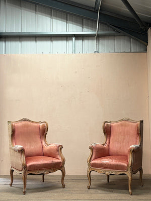 Pair of Louis XV wing armchairs ('as is' or £3,000 inc. re-upholstery, ex. fabric)