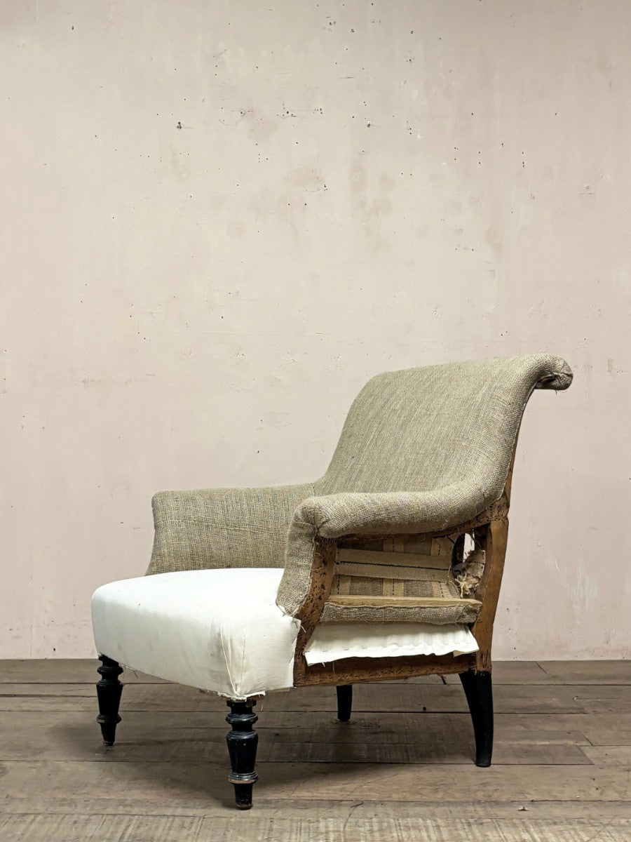 Pair of scroll back armchairs (inc. completion of the re-upholstery)