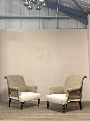 Pair of scroll back armchairs (inc. completion of the re-upholstery)