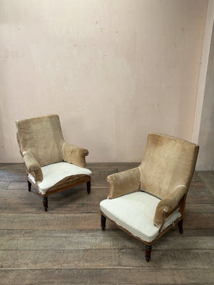 Pair of square back armchairs 'as is' (or £2,150 inc. re-upholstery, ex. fabric)