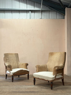 Pair of square back armchairs 'as is' (or £2,150 inc. re-upholstery, ex. fabric)