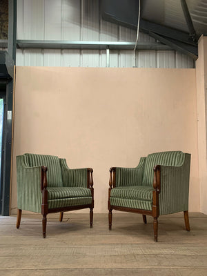 Pair of green striped armchairs