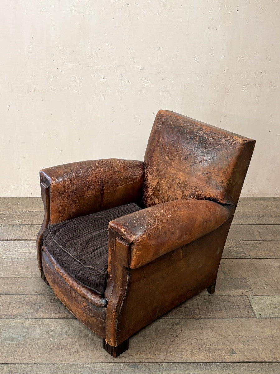 Leather club armchair with square arms