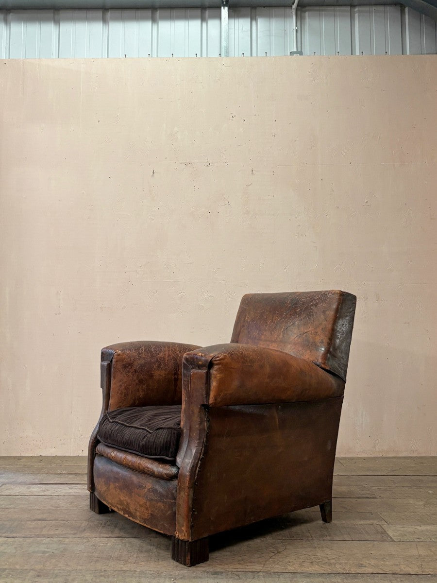 Leather club armchair with square arms