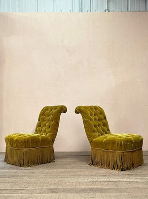Pair of deep buttoned slipper chairs  (re-upholstered, ex. fabric)
