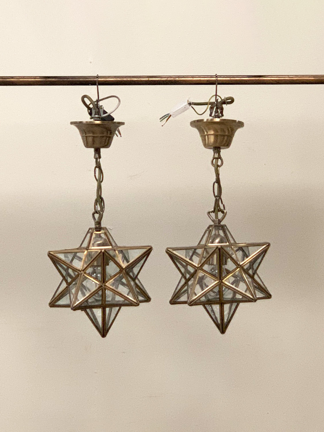 Pair of brass and glass 'star' pendants