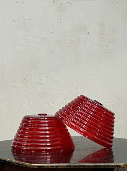 Red beehive glass shades (priced as a pair)