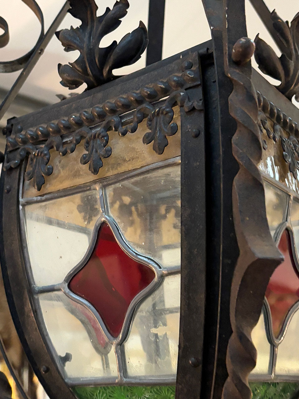 Wrought iron and stained glass shade