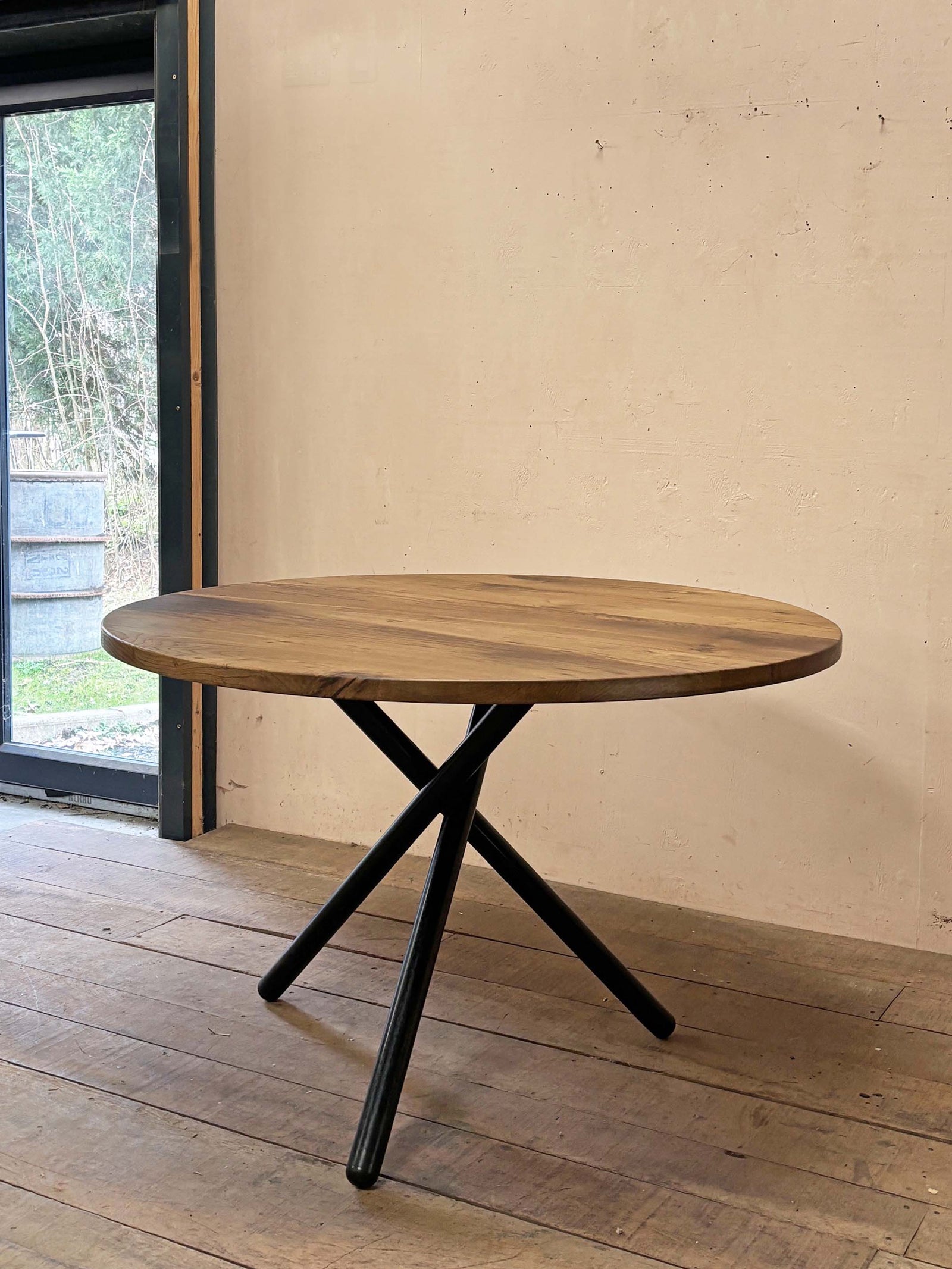 Tripod table with reclaimed oak top