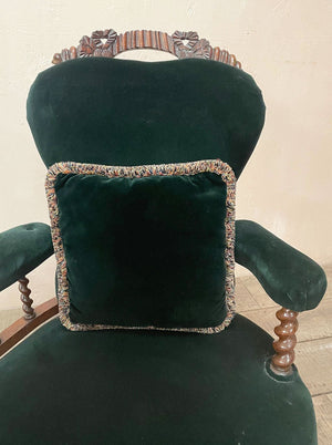 Green velvet love seat  'as is'