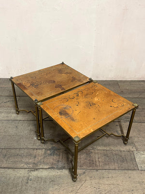 Pair of worn leather top tables