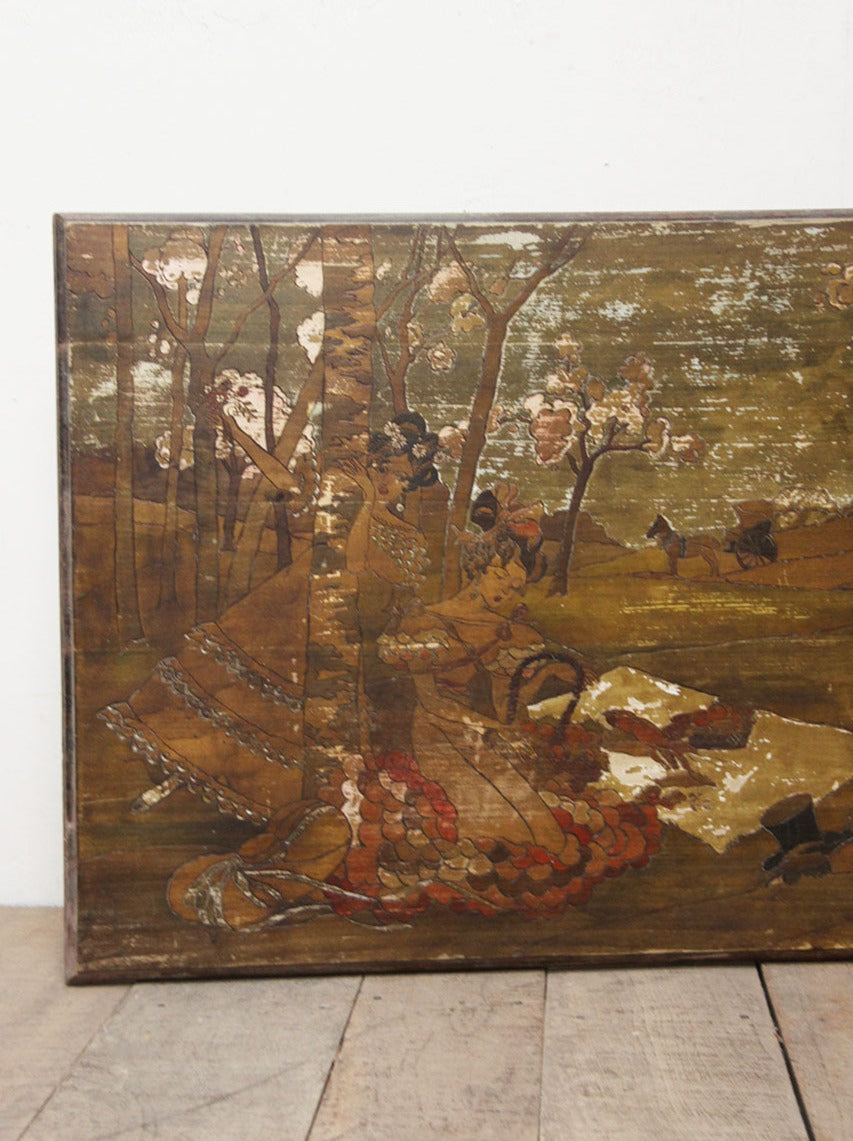 Painted picnic scene on wooden panel
