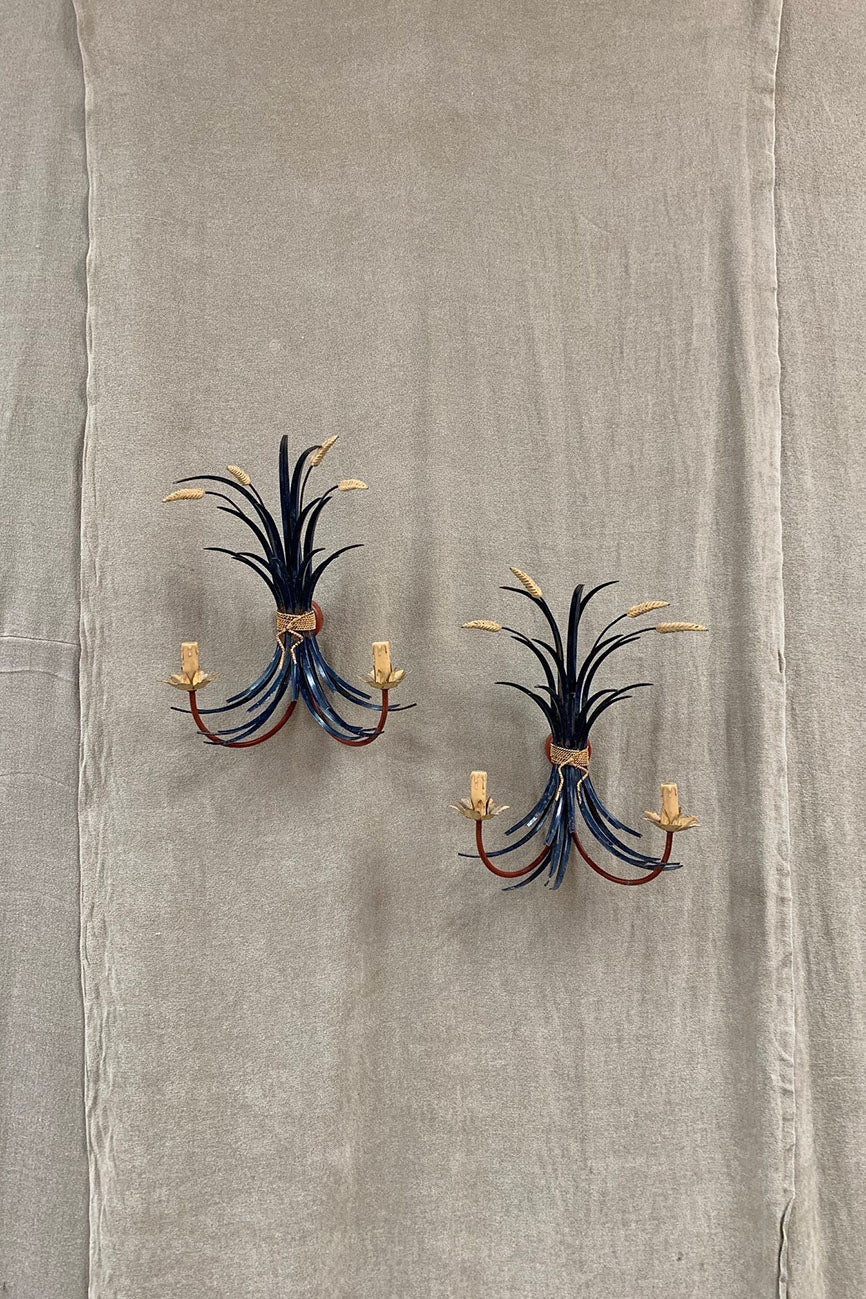 Pair of large blue wheatsheaf wall lights (inc. re-wiring to BSS)